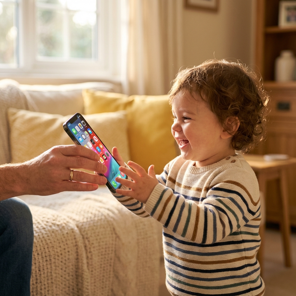 Parent handing iPhone to happy toddler